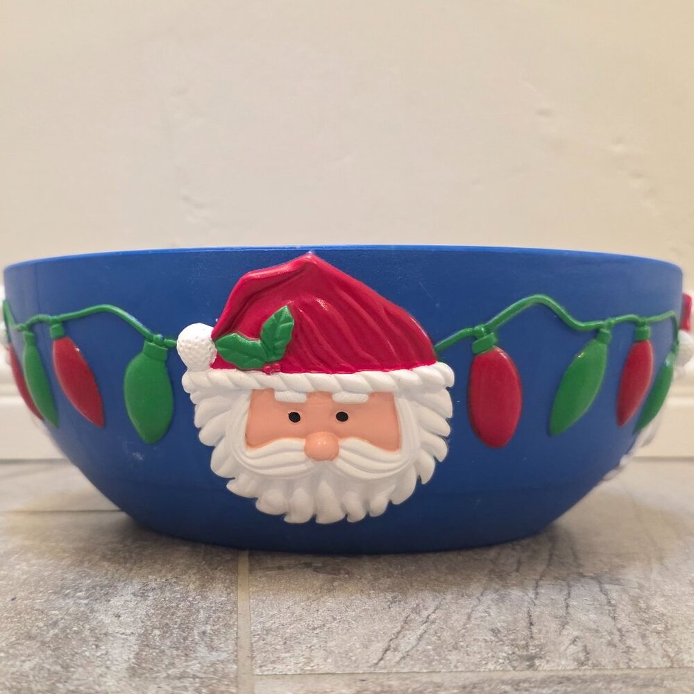 Blue Plastic Christmas 11” Serving Bowl 3D Santa Design RARE COLLECTIBLE